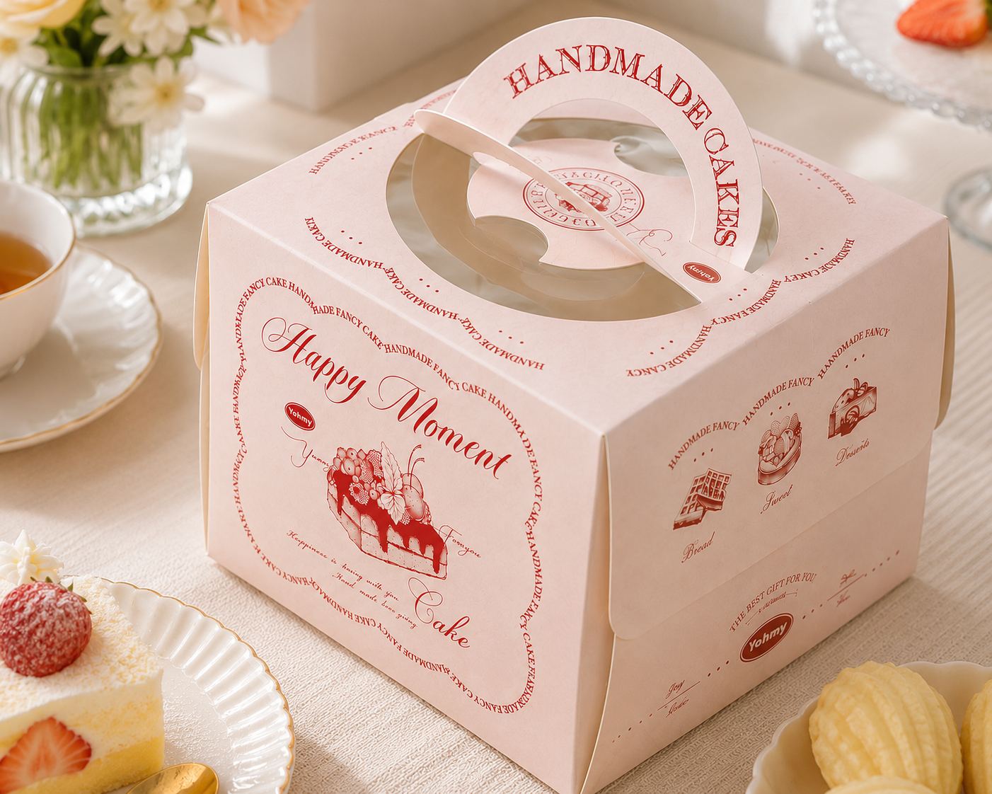 ight pink "happy moment" vintage 4 inch cake box with handle & window ight pink "happy moment" vintage 4 inch cake box with handle & window