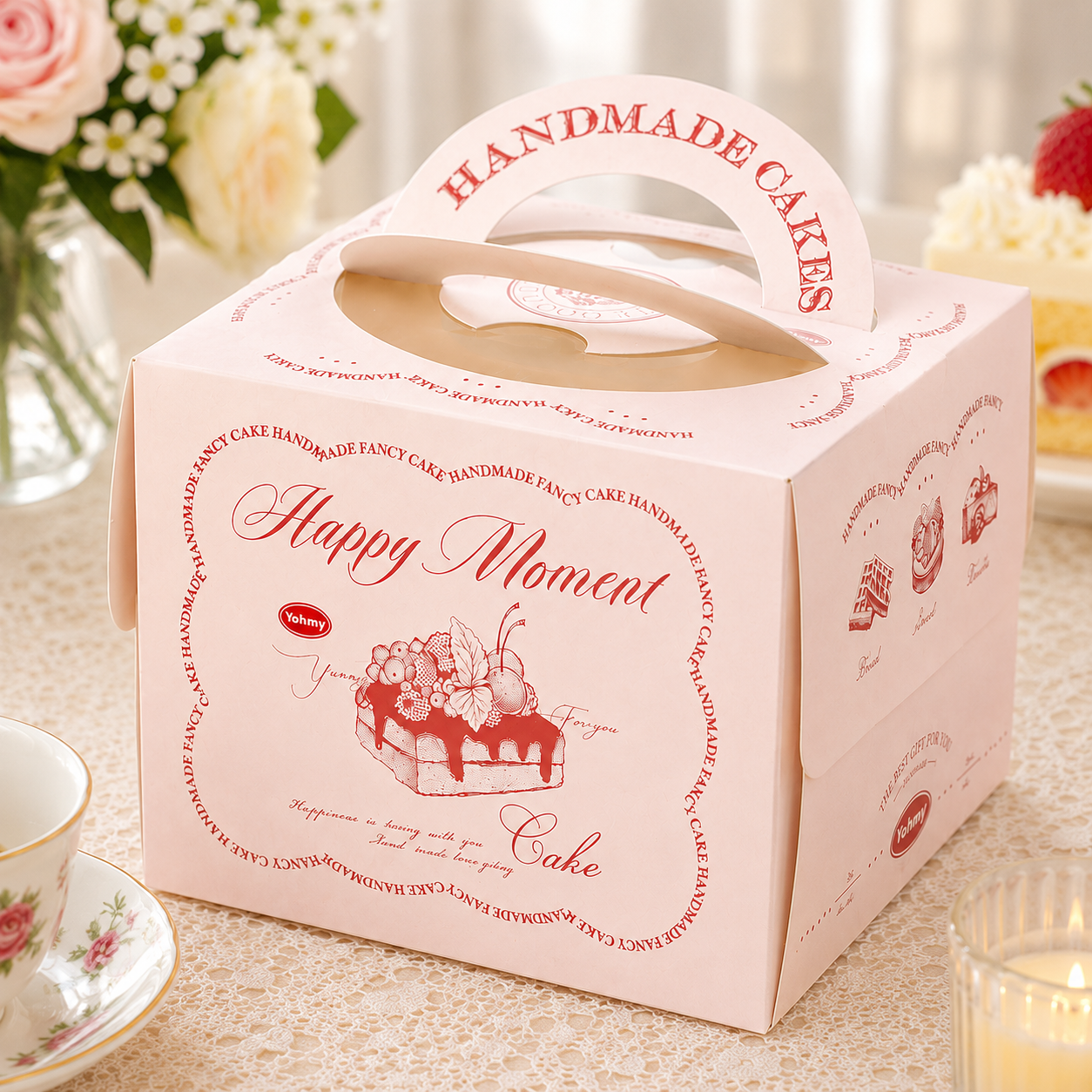ight pink "happy moment" vintage 4 inch cake box with handle & window ight pink "happy moment" vintage 4 inch cake box with handle & window