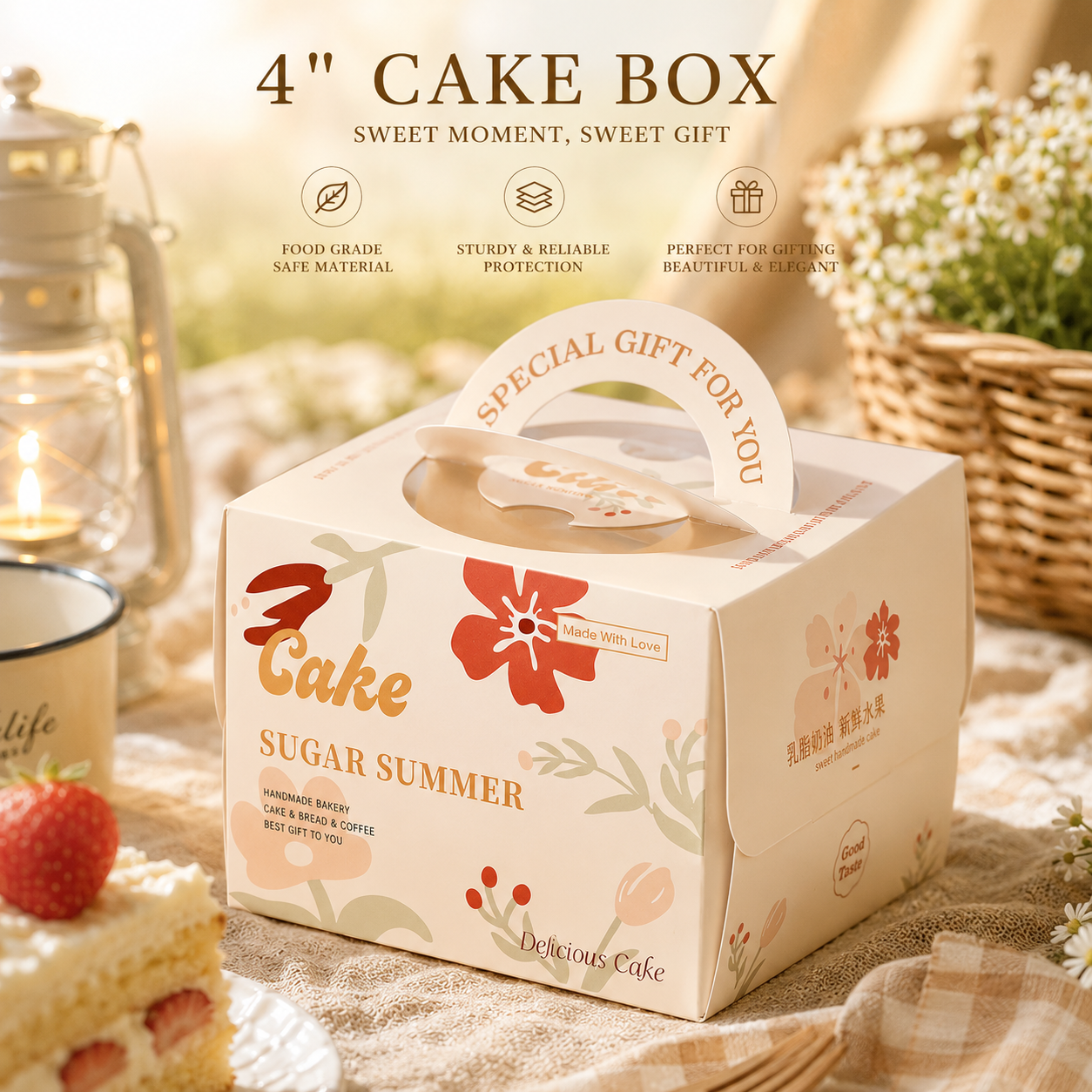 "sugar summer" floral 4 inch cake box with handle & window "sugar summer" floral 4 inch cake box with handle & window