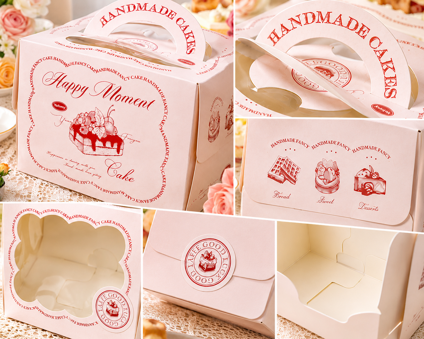 ight pink "happy moment" vintage 4 inch cake box with handle & window ight pink "happy moment" vintage 4 inch cake box with handle & window