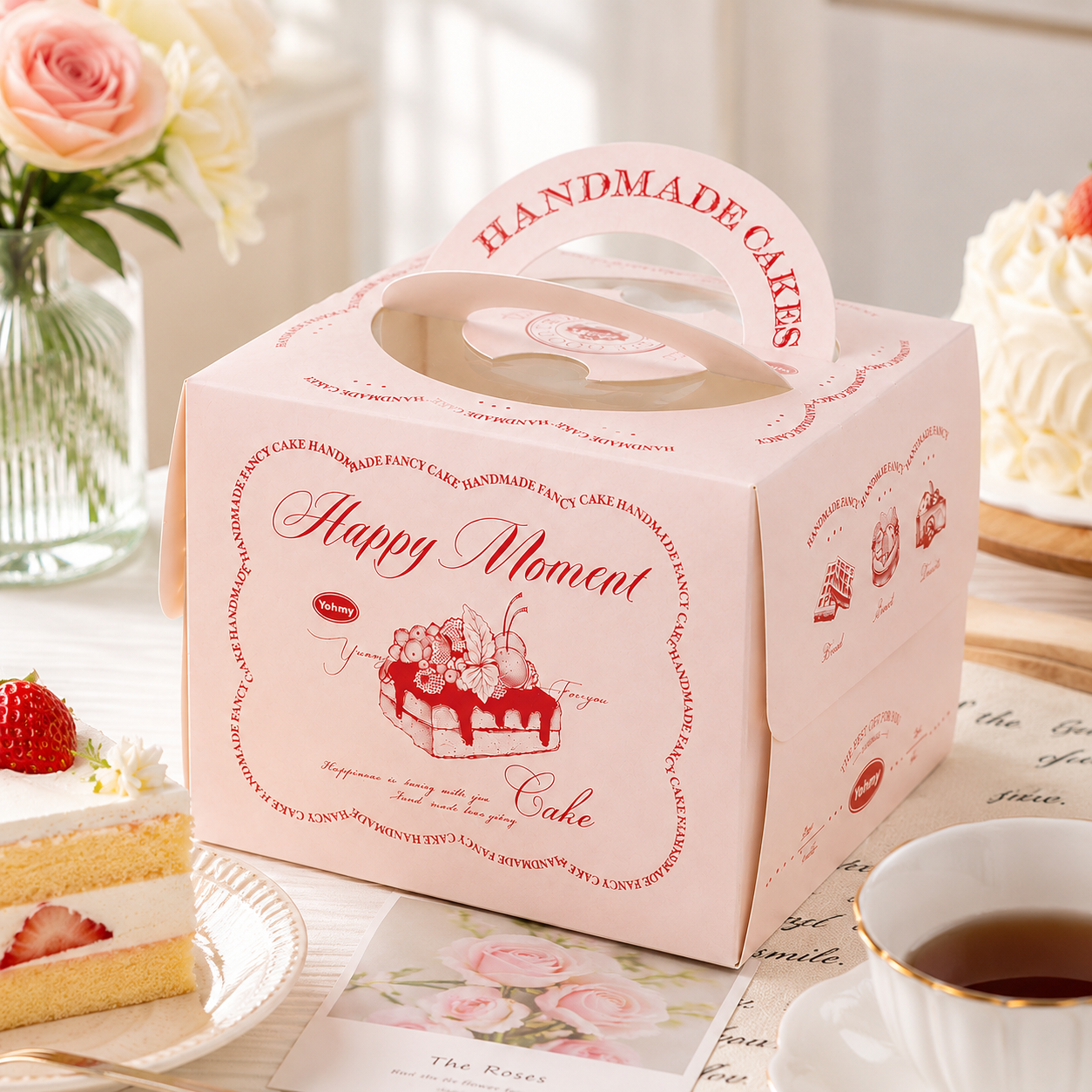 ight pink "happy moment" vintage 4 inch cake box with handle & window ight pink "happy moment" vintage 4 inch cake box with handle & window